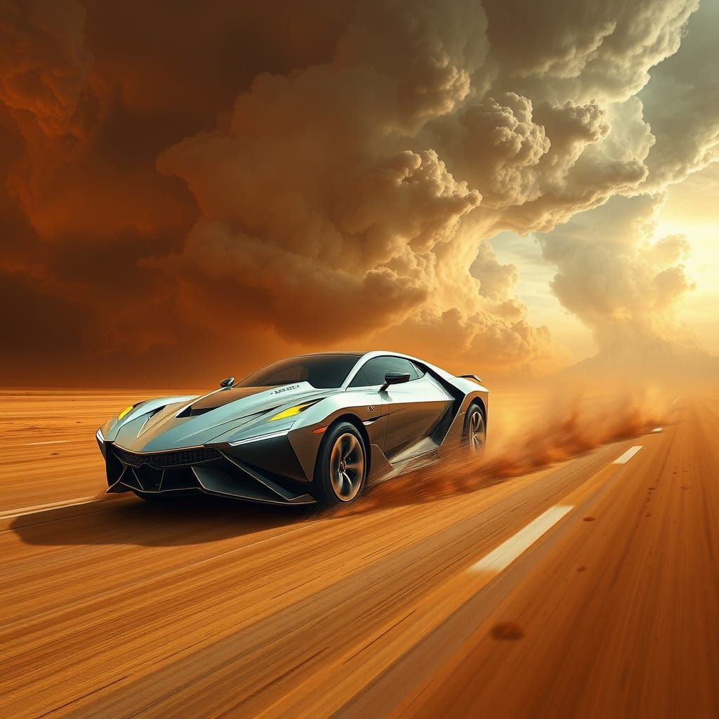 Futuristic Armoured Car Speeds into Turbulent Sandstorm