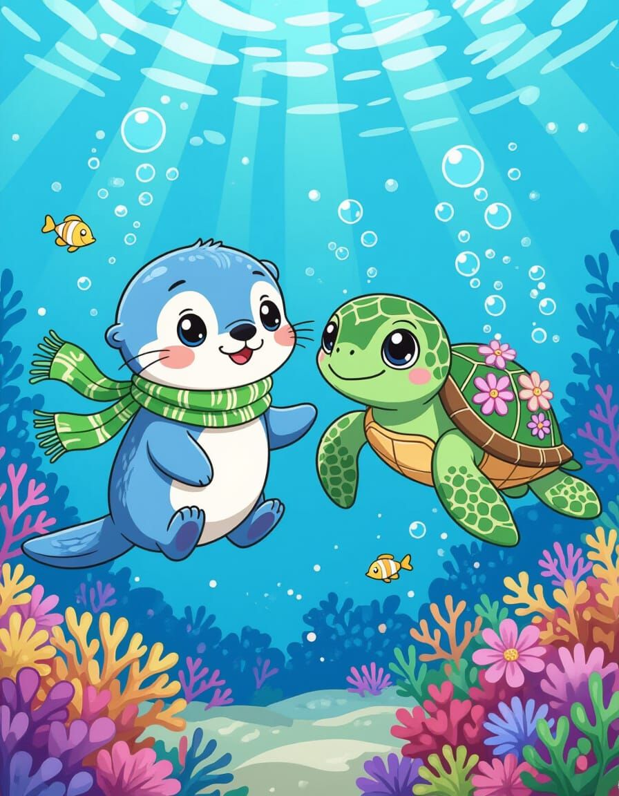 Chibi Otter and Turtle in Coral Reef