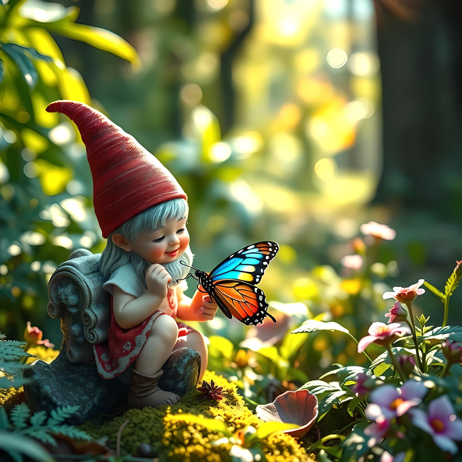 Ethereal Gnome with Butterfly in Forest Light