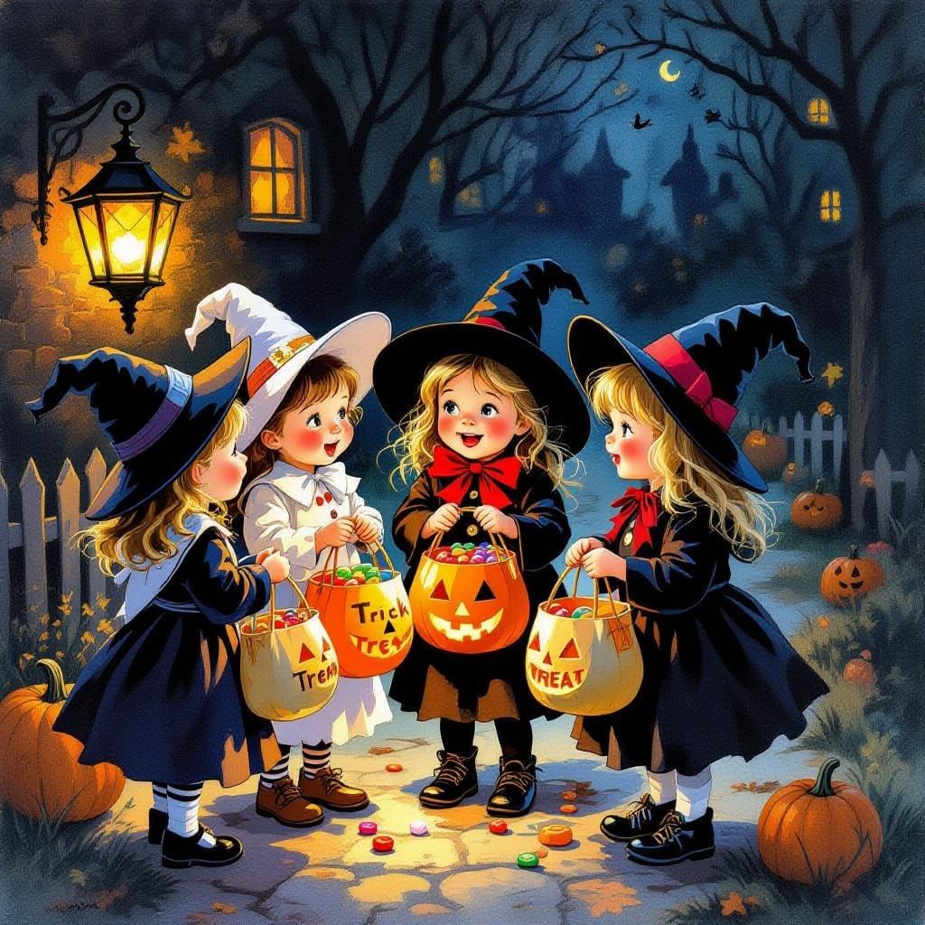 Children in Witch and Ghost Costumes for Trick or Treat