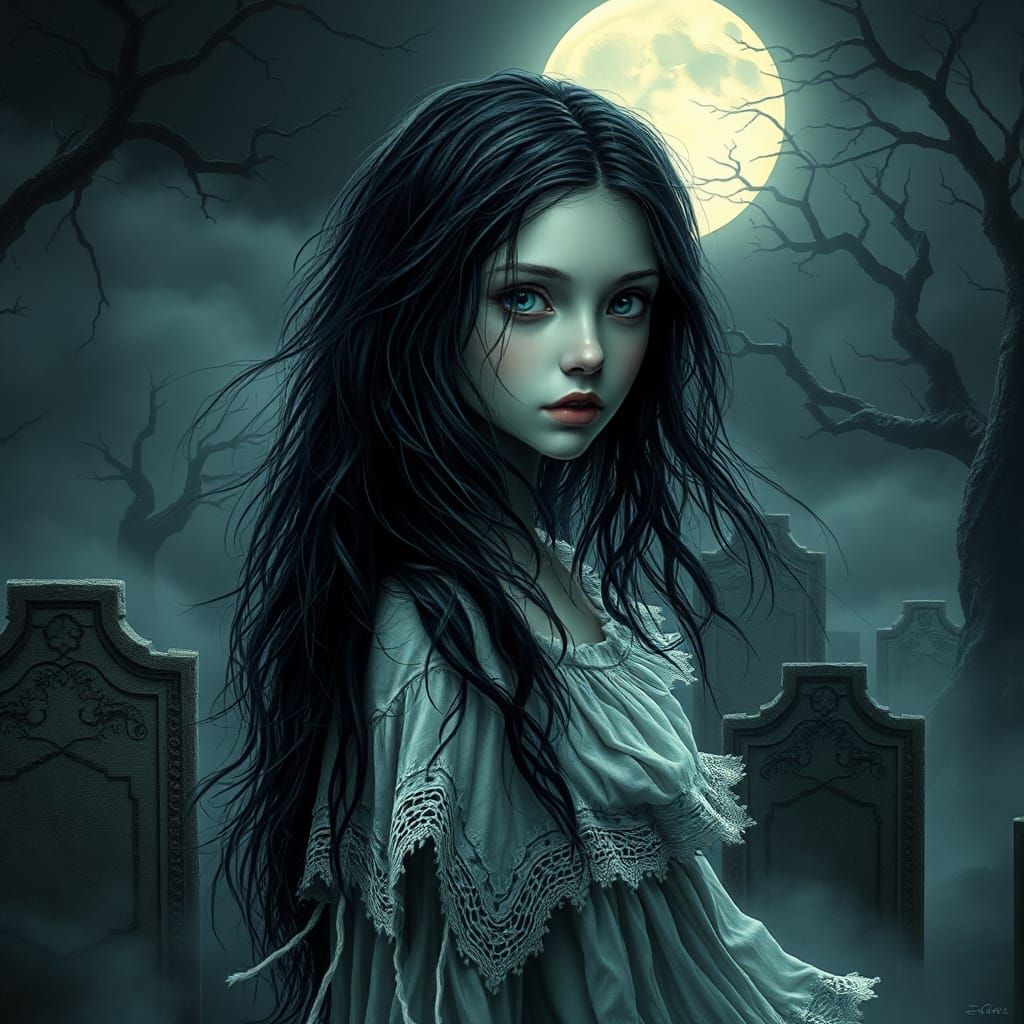 Haunting Graveyard Girl in Moonlight, Digital Art
