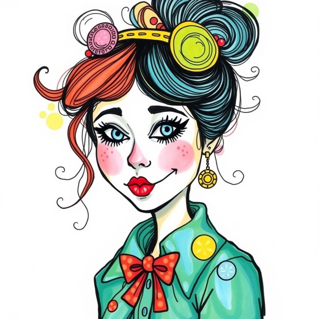 Vibrant Whimsical Woman in Hand-Drawn Illustration