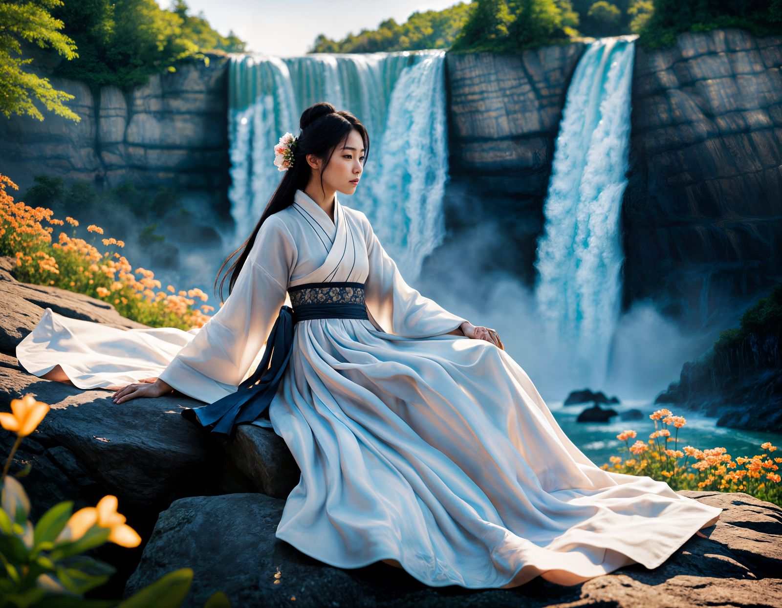 Serene Korean Goddess Basks in Niagara Falls' Golden Glow