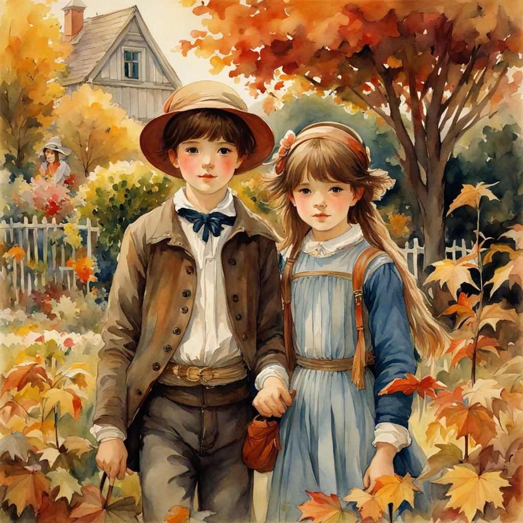 Cheerful Siblings in Autumn Garden Watercolor Style