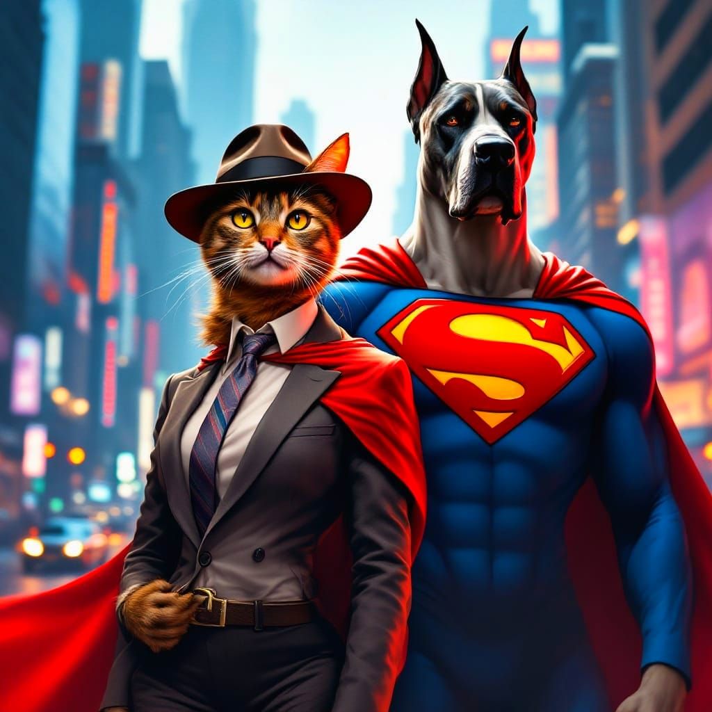 Majestic Tabby Cat and Superman Dog Patrol New York City Str...