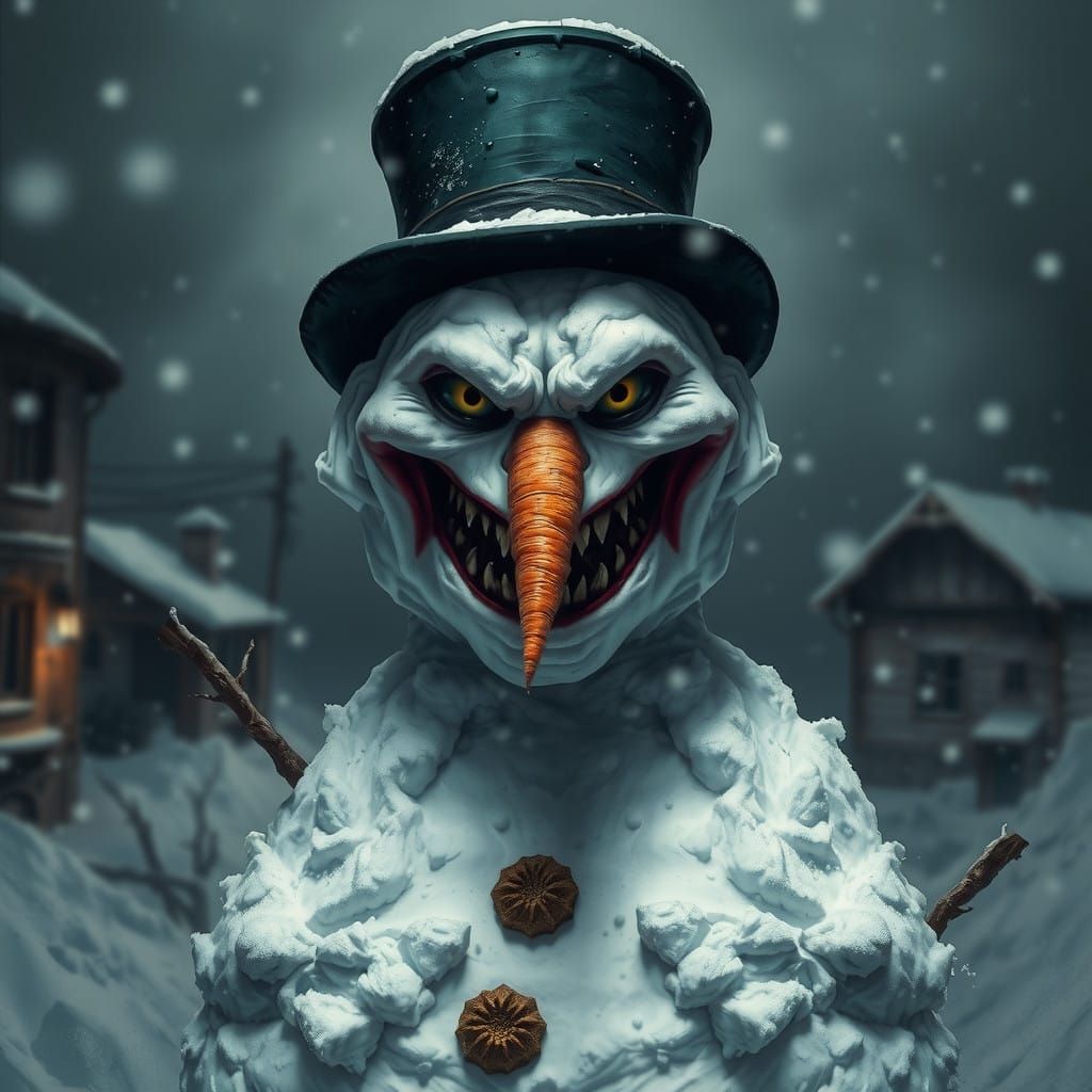 Menacing Snowman in a Dark Winter Landscape