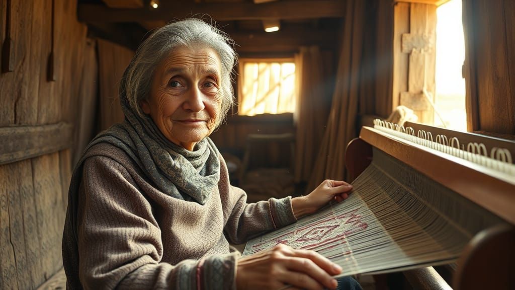 Elderly Muslim Woman Weaving a Magical Carpet in Kashmir