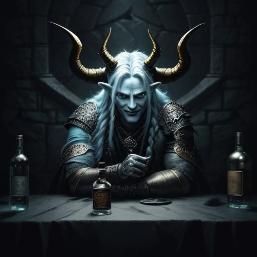 Demon  beautiful. Devil horns wings,
Long blonde braids
Smiling 
Vodka bottle
Eery dark castle intricate details, HDR, b...