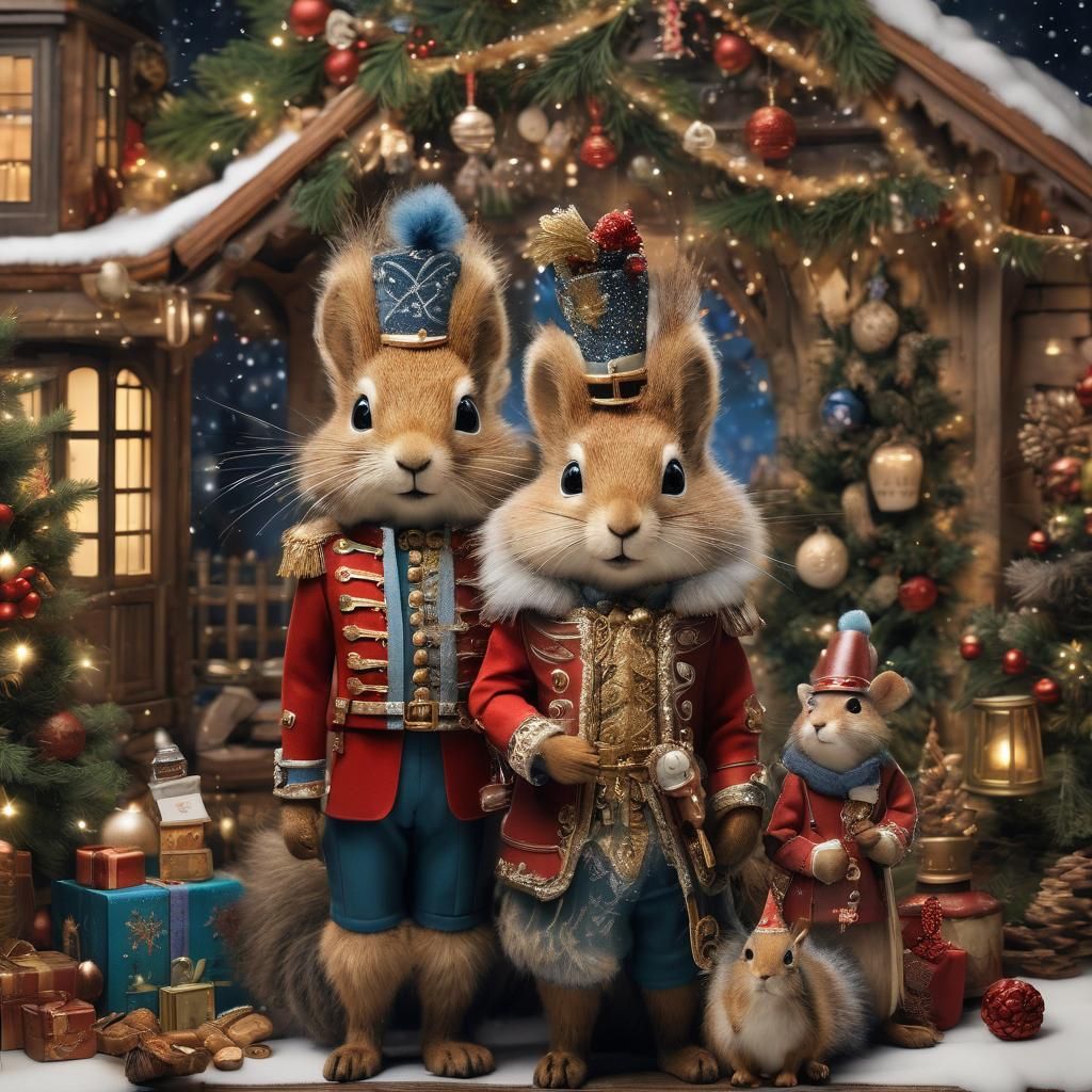 Squirrels in Nutcracker Attire Pose with Festive Christmas T...