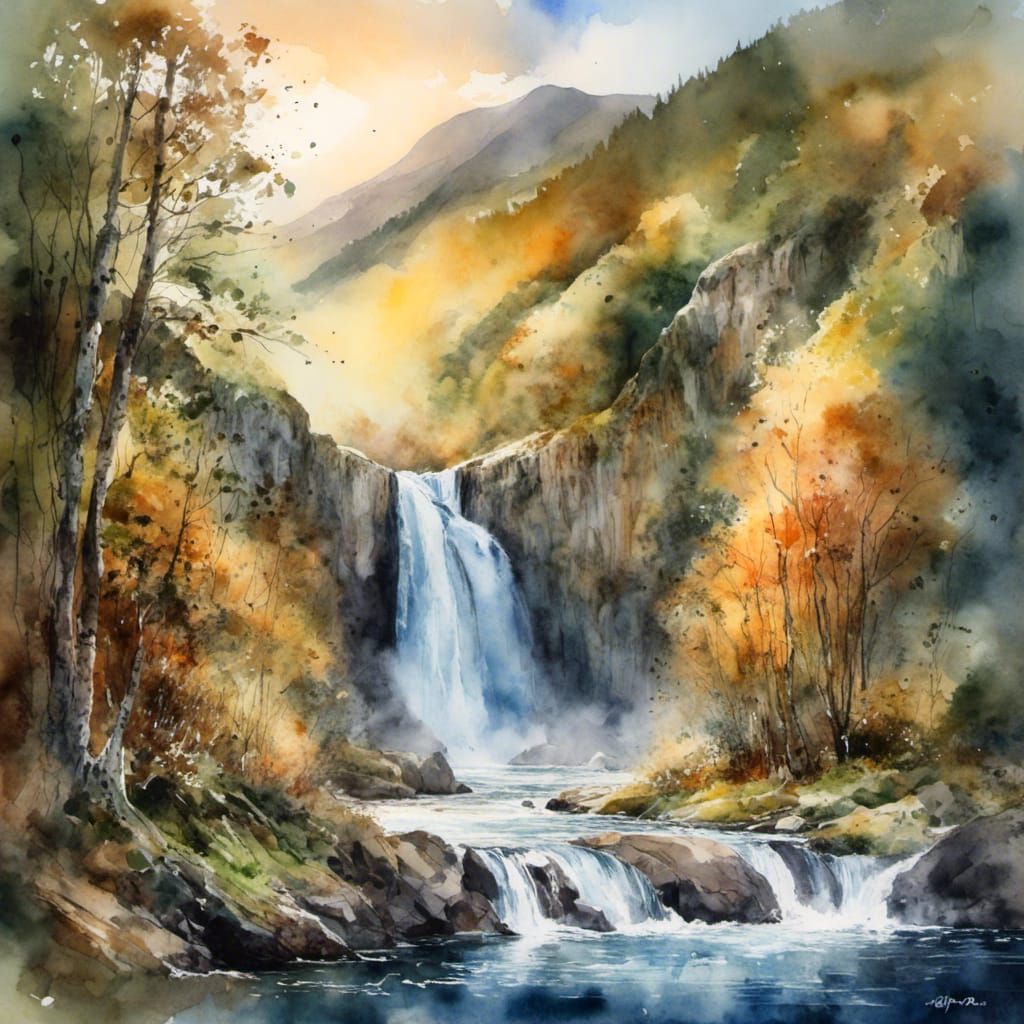 Owharoa Falls Watercolor Painting at Golden Hour