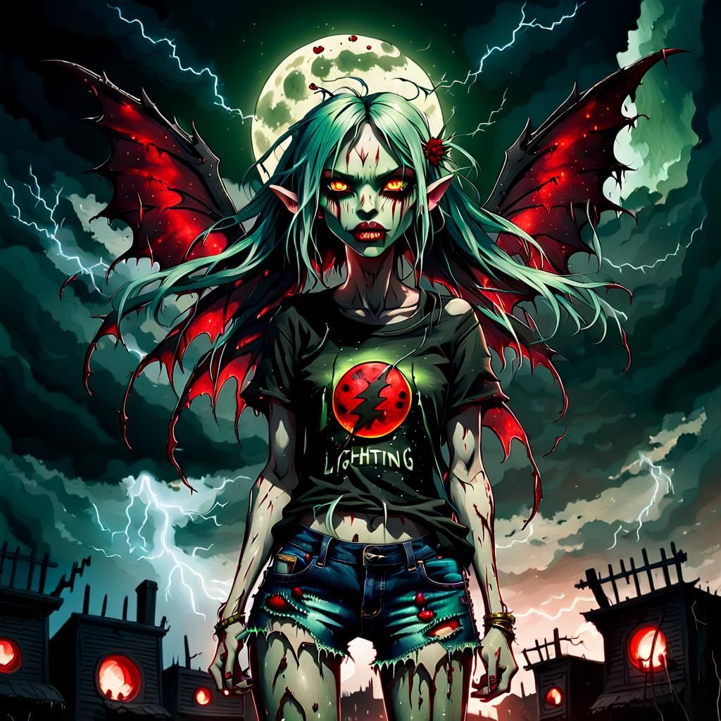 Fairy Girl in Dark Fantasy Scene with Lightning and Bloody M...