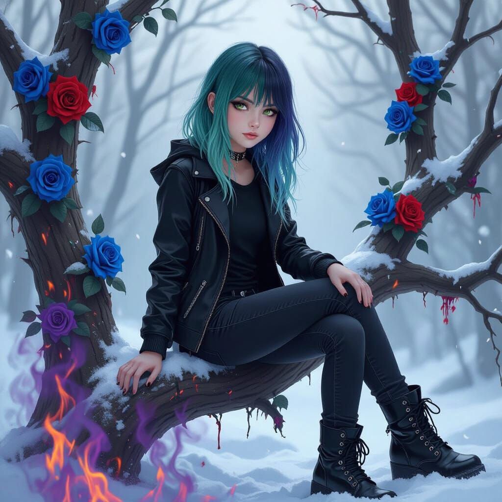 Teenage Girl in Fiery, Snowy Landscape