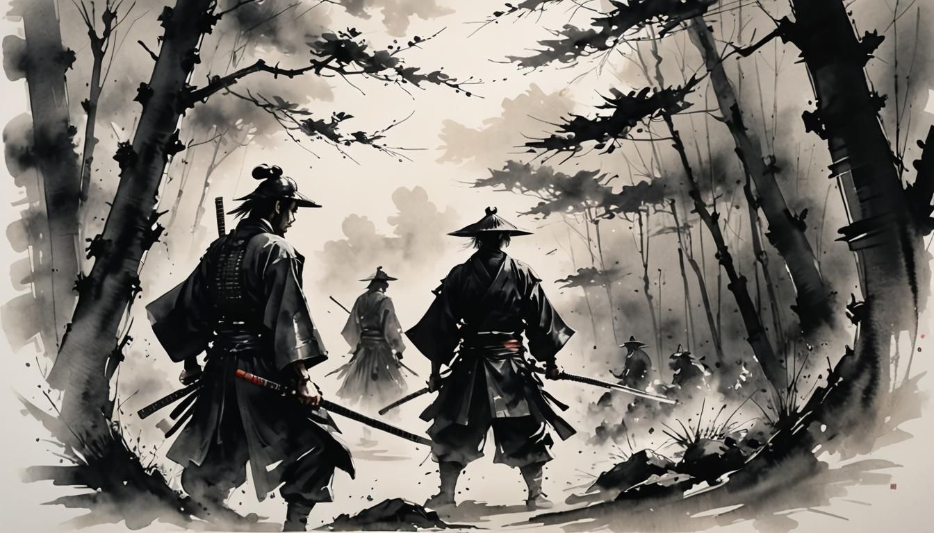 Samurai in Sumi-e Style Fine Art Painting