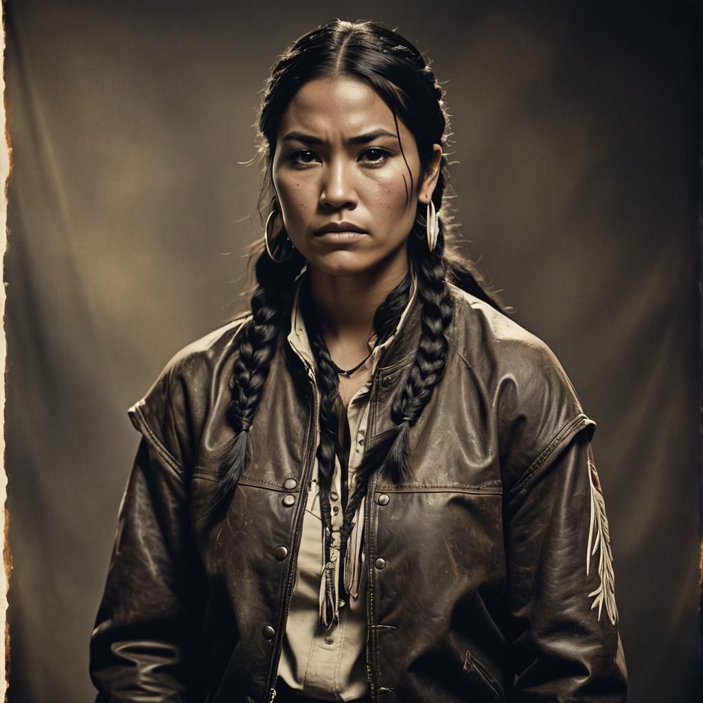 Native American Woman in Boxing Jacket: Cinematic Portrait