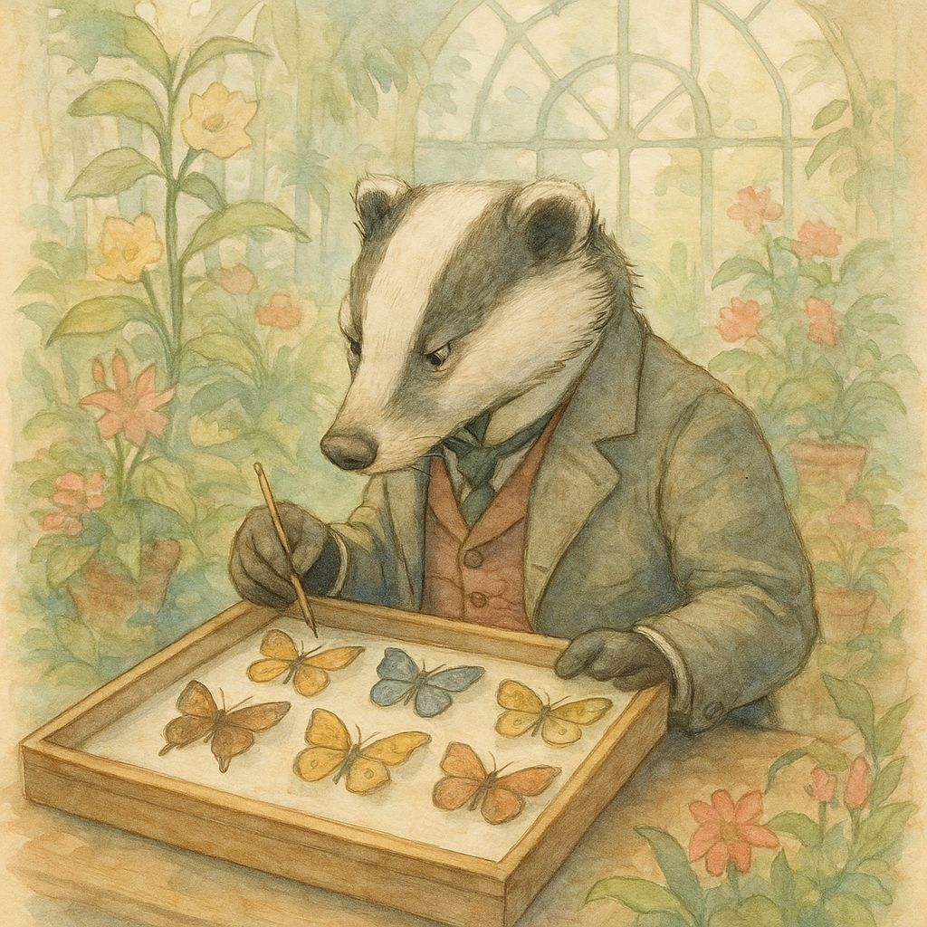 Badger Naturalist in Conservatory, Watercolor Style