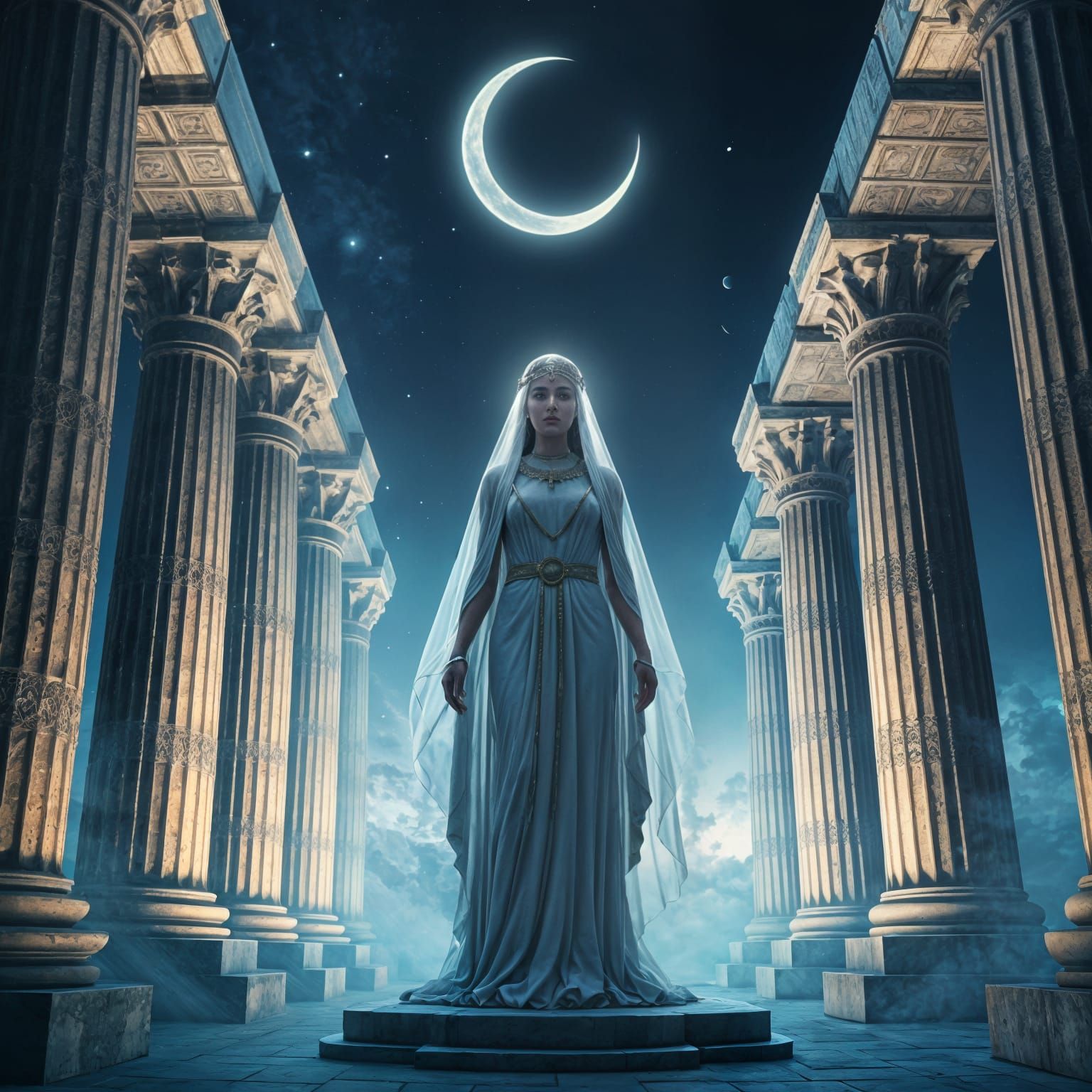 Isis Between Jachin and Boaz Pillars with Moon Veil