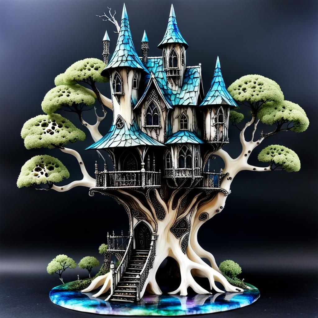 Gothic Bone Fairy Treehouse in Alcohol Inks