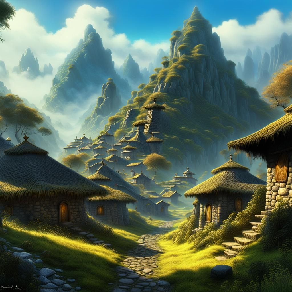 Misty Mountain Village: A Fantastical Matte Painting