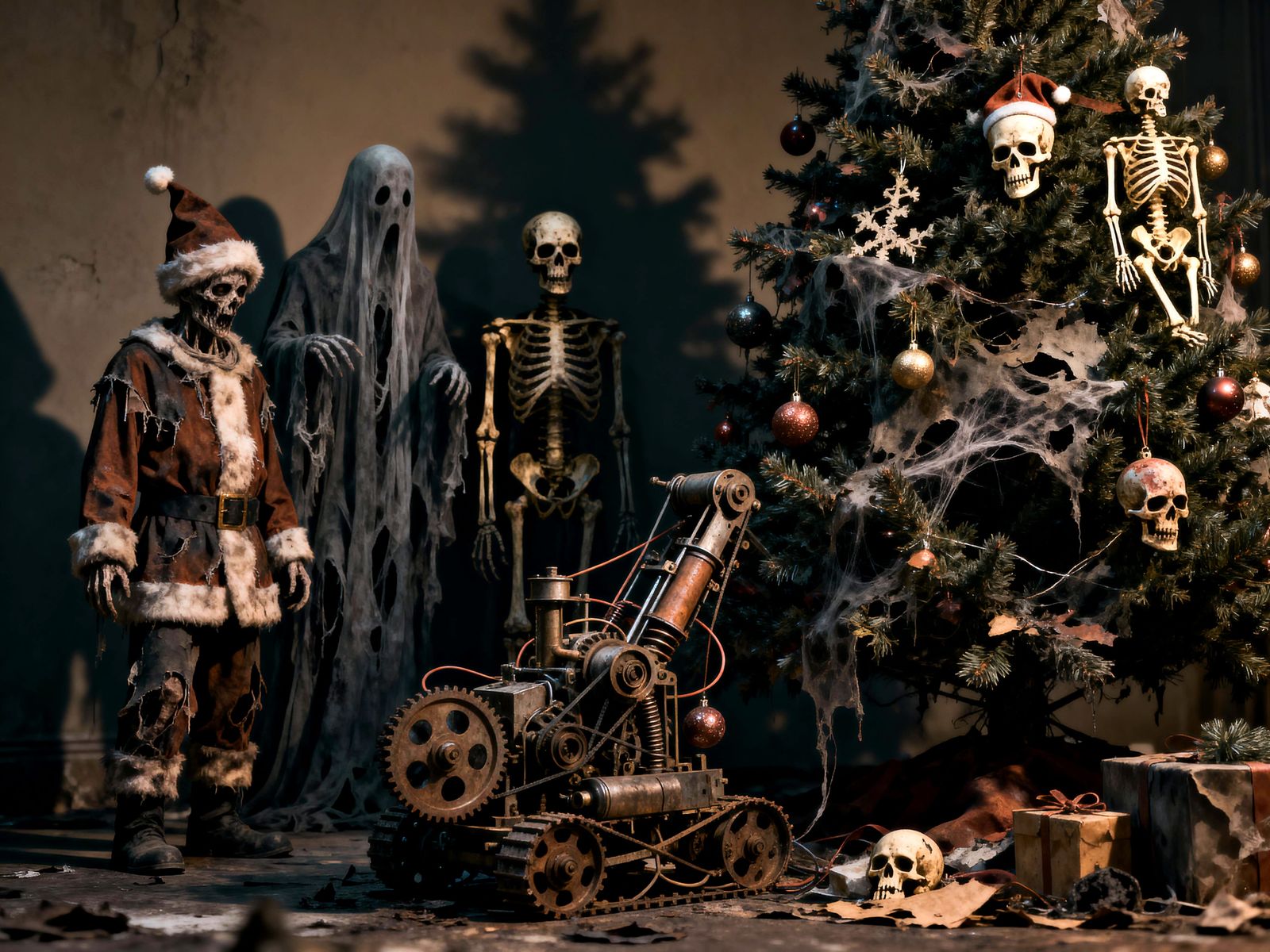 Surreal Christmas Scene with Eerie Figures
