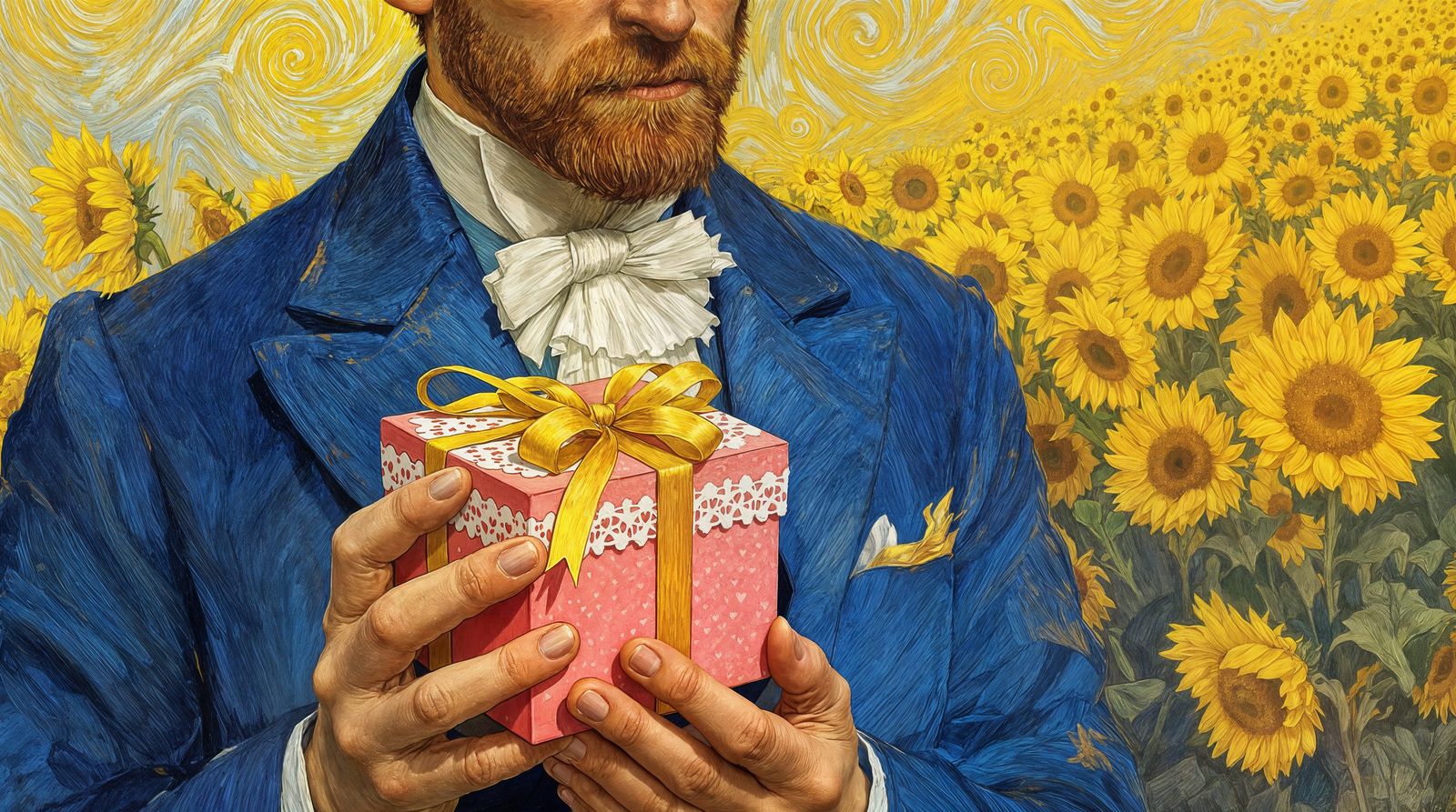 Vincent Van Gogh in Blue Suit Holding Pink Valentine's Box