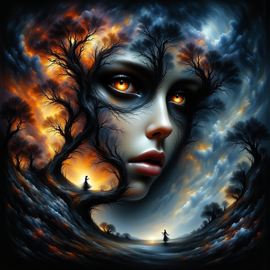 Vibrant Starry Night Landscape with Nautilus Curves and Micr...