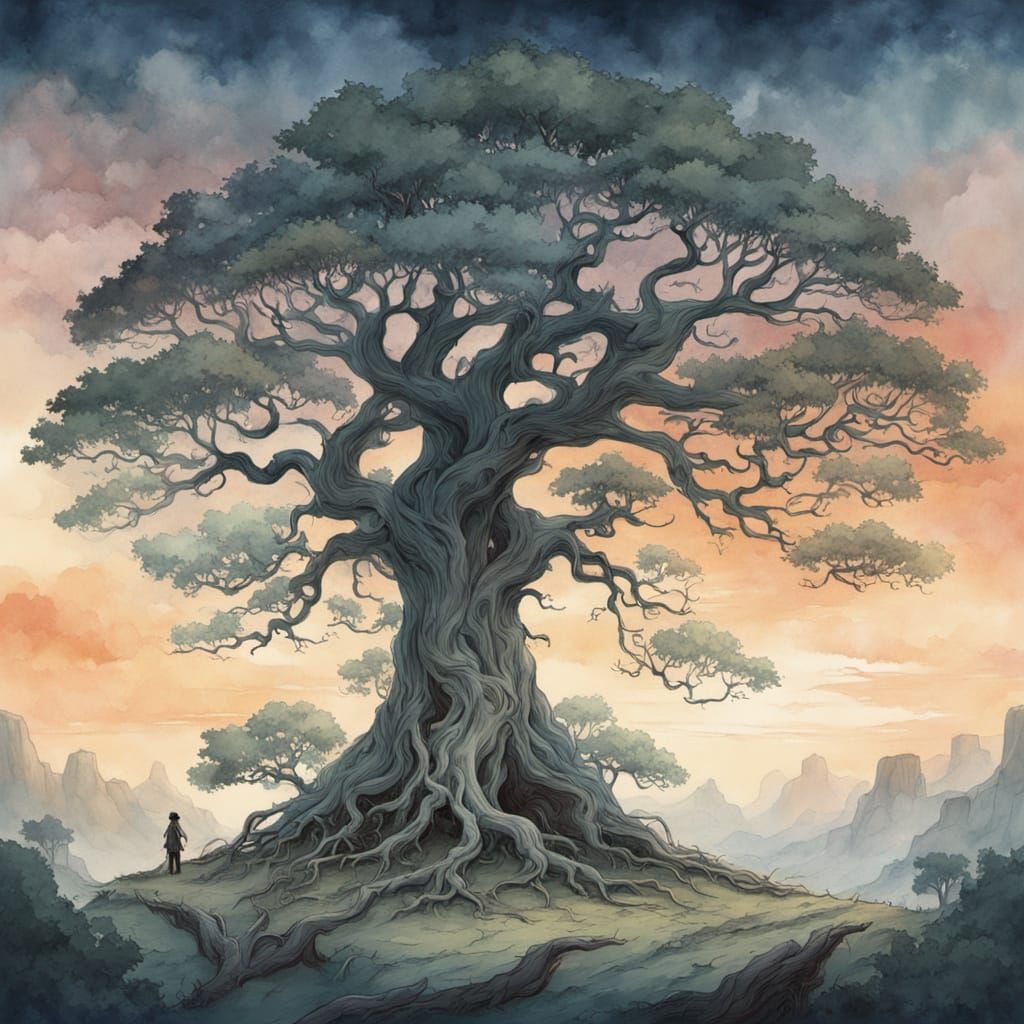 Ancient Gnarled Tree with Elven Figures in Twilight