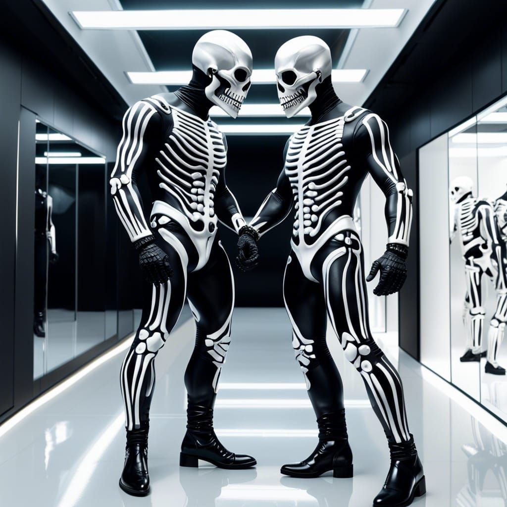 Hyper-Realistic Skeletons Hugging in White Room