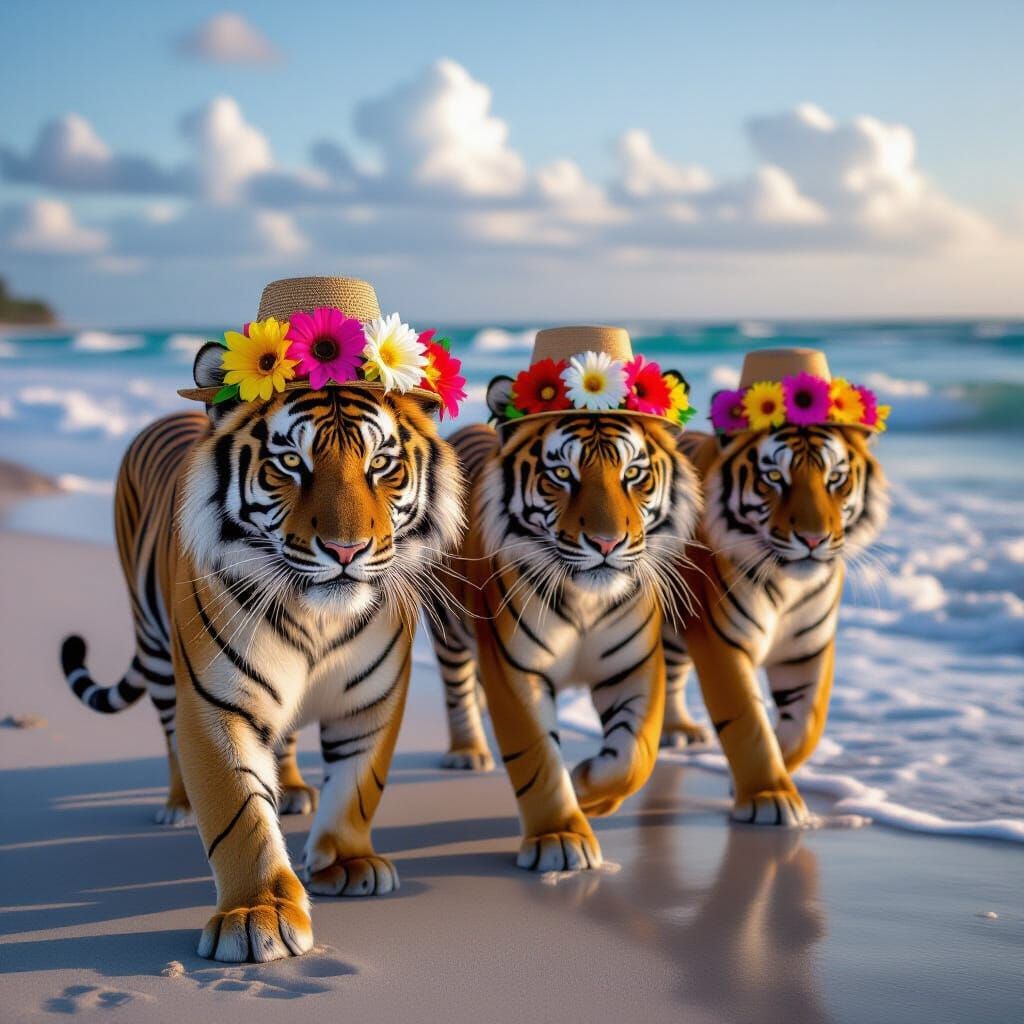 Tigers in Flower Hats Stroll on Beach