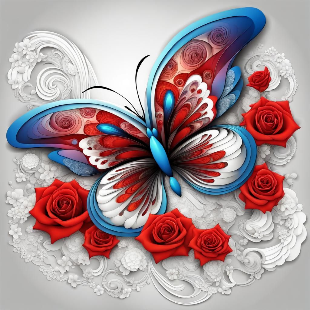 Colorful Butterfly with Rose, Abstract Fractal Art