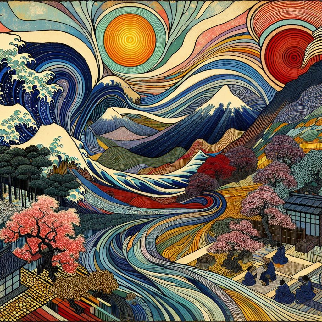 Ukiyo-e Diorama of Digital Radar Map in Woodblock Style