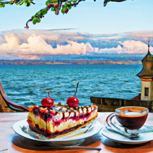 Black Forest Cake and Coffee Over Lake Constance