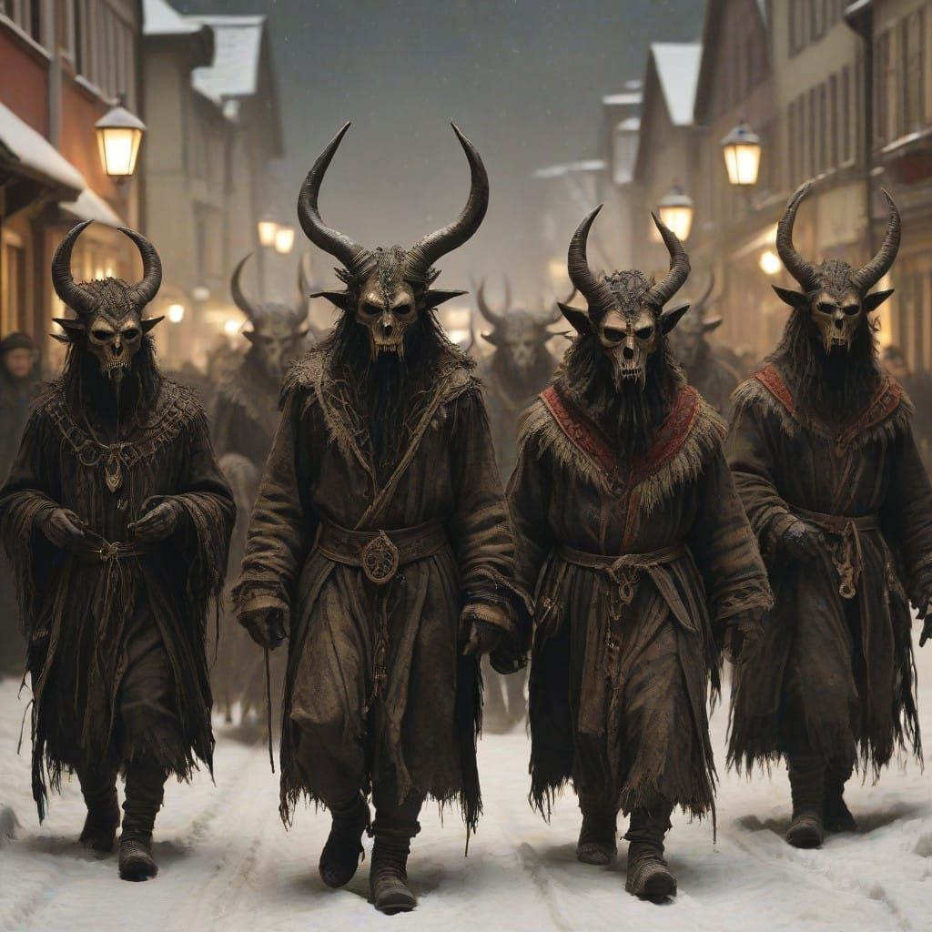 Medieval Krampus Festival Woodcut in Moorish Style