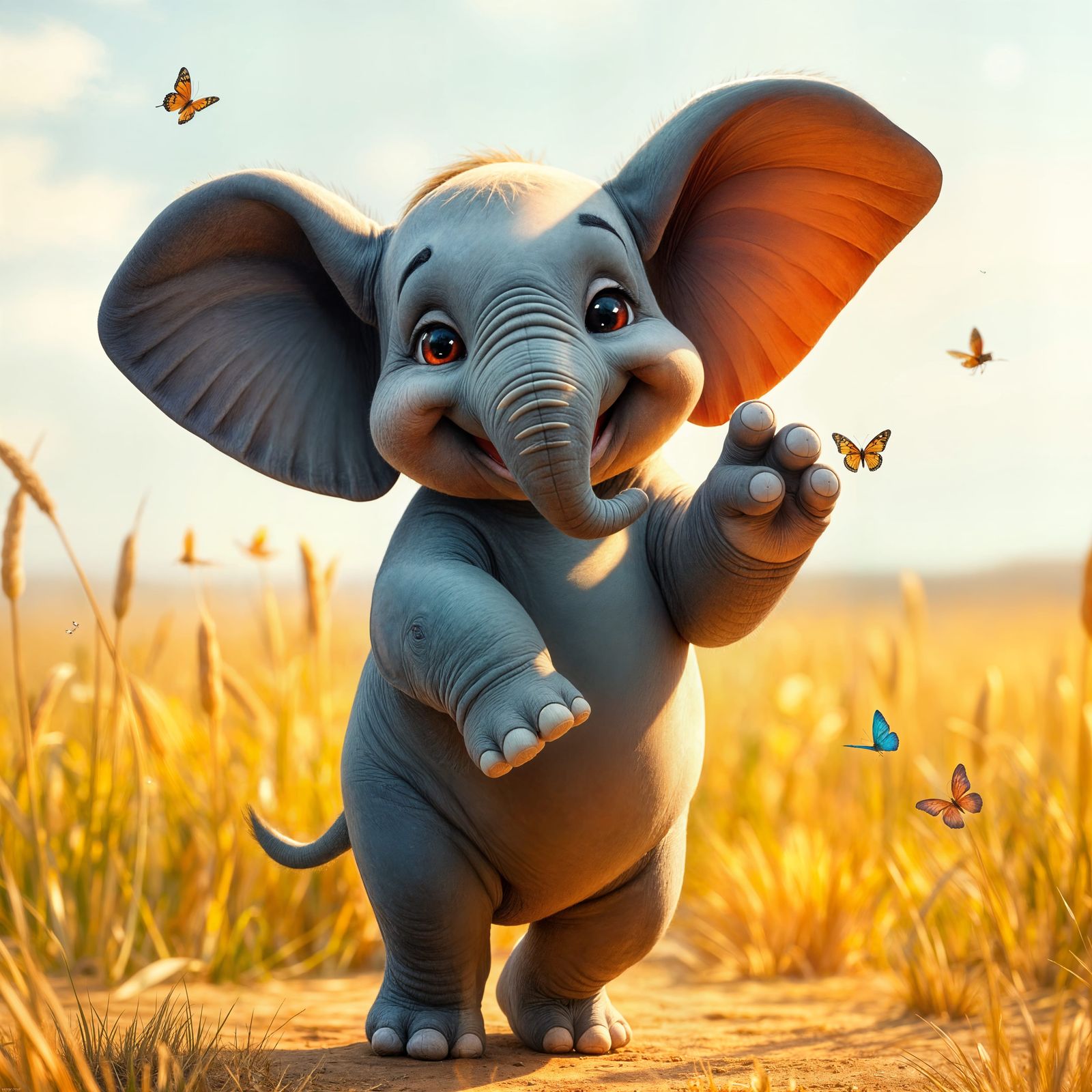 Whimsical Baby Elephant Dancing in a Vibrant Savanna