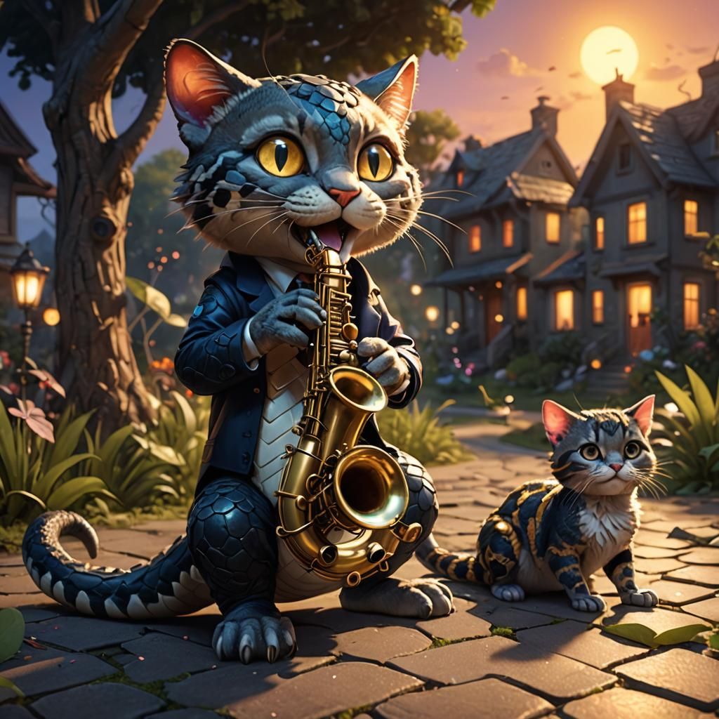 Snake Saxophonist Plays for Chibi Cats at Twilight