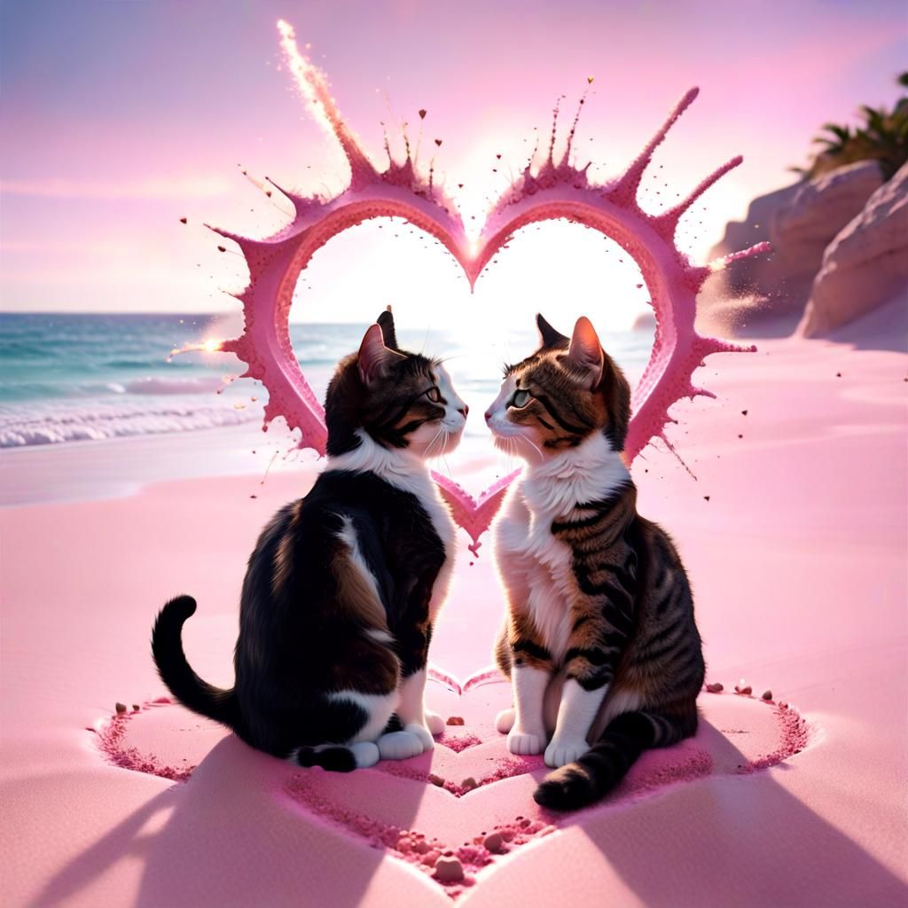 Cat Couple's Love on Pink Sand Beach