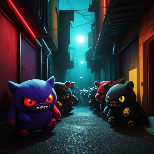 Evil Stuffed Animals in Dark Alley
