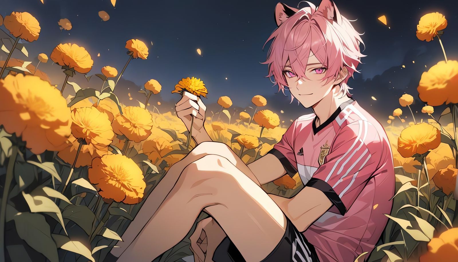 Pink-Haired Bishounen in Marigold Field at Night