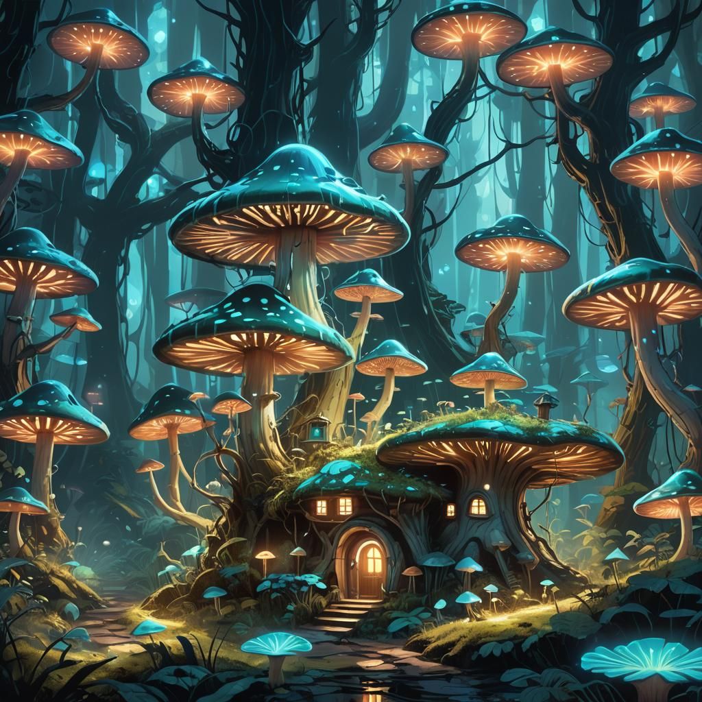 Glowing Fairy Mushroom House in Bioluminescent Forest