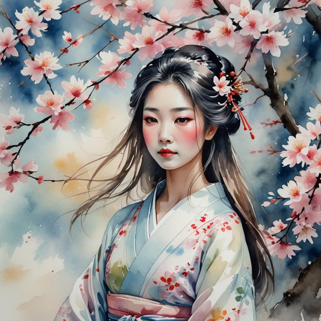 Geisha Portrait in Watercolor with Cherry Blossoms