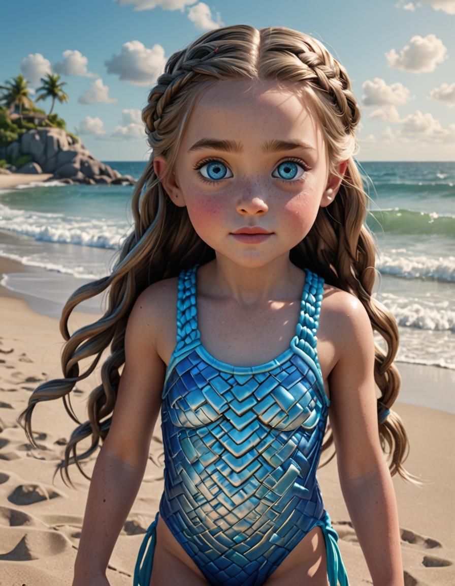 Stunning Little Girl on Beach, 3D Digital Art