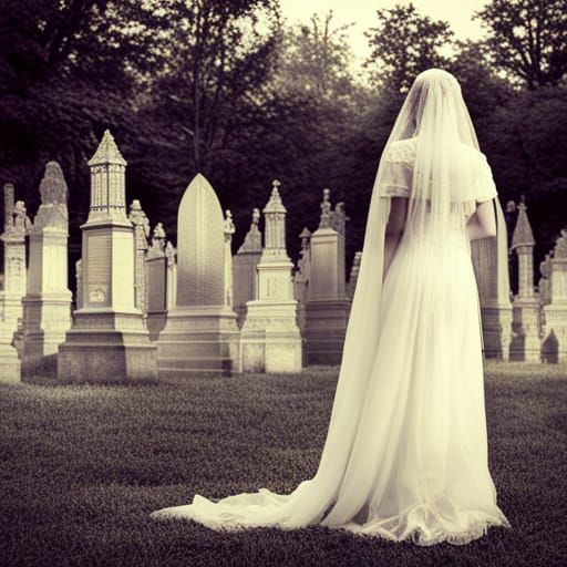 Ghost Bride in Misty Graveyard: Hyperrealistic Image