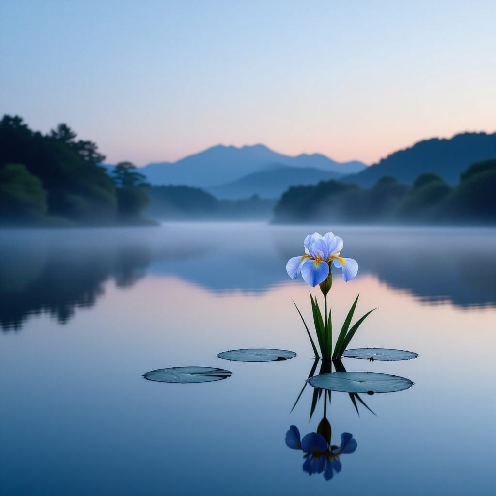 Serene Pond with Iris in Japanese Yamato-e Style