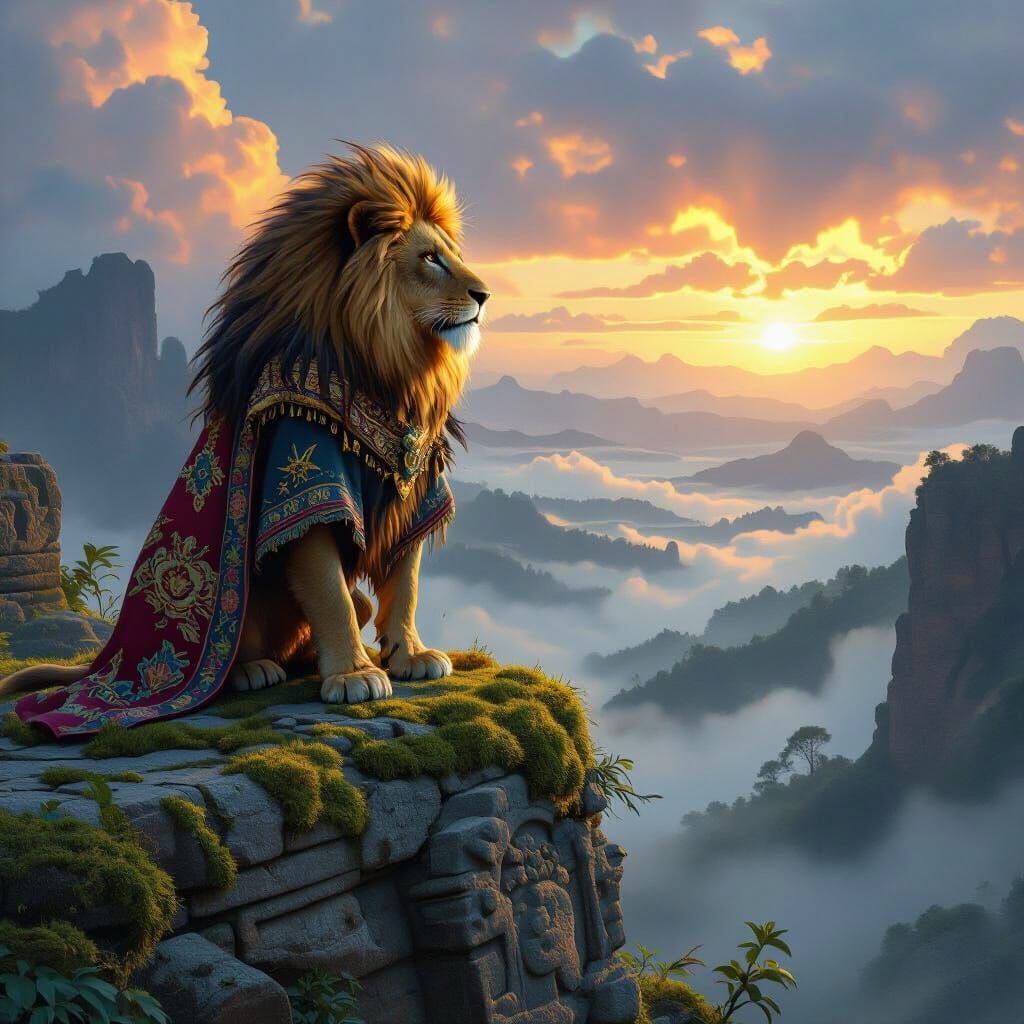 Lion on Ancient Ruins in Hyperrealistic Style