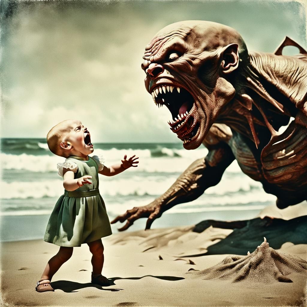 Vintage Photo of Girl Screaming at Demon on Beach
