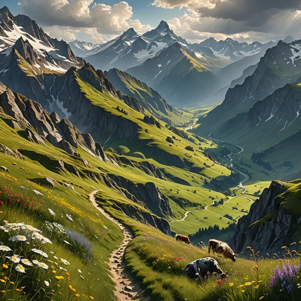 Alpine Meadow Path with Grazing Cows, Oil Painting