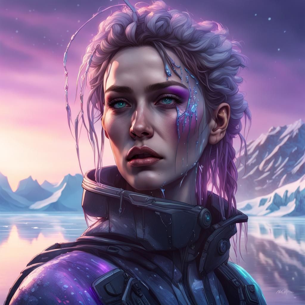 Cyberpunk Two-Headed Woman Crying on Frozen Lake