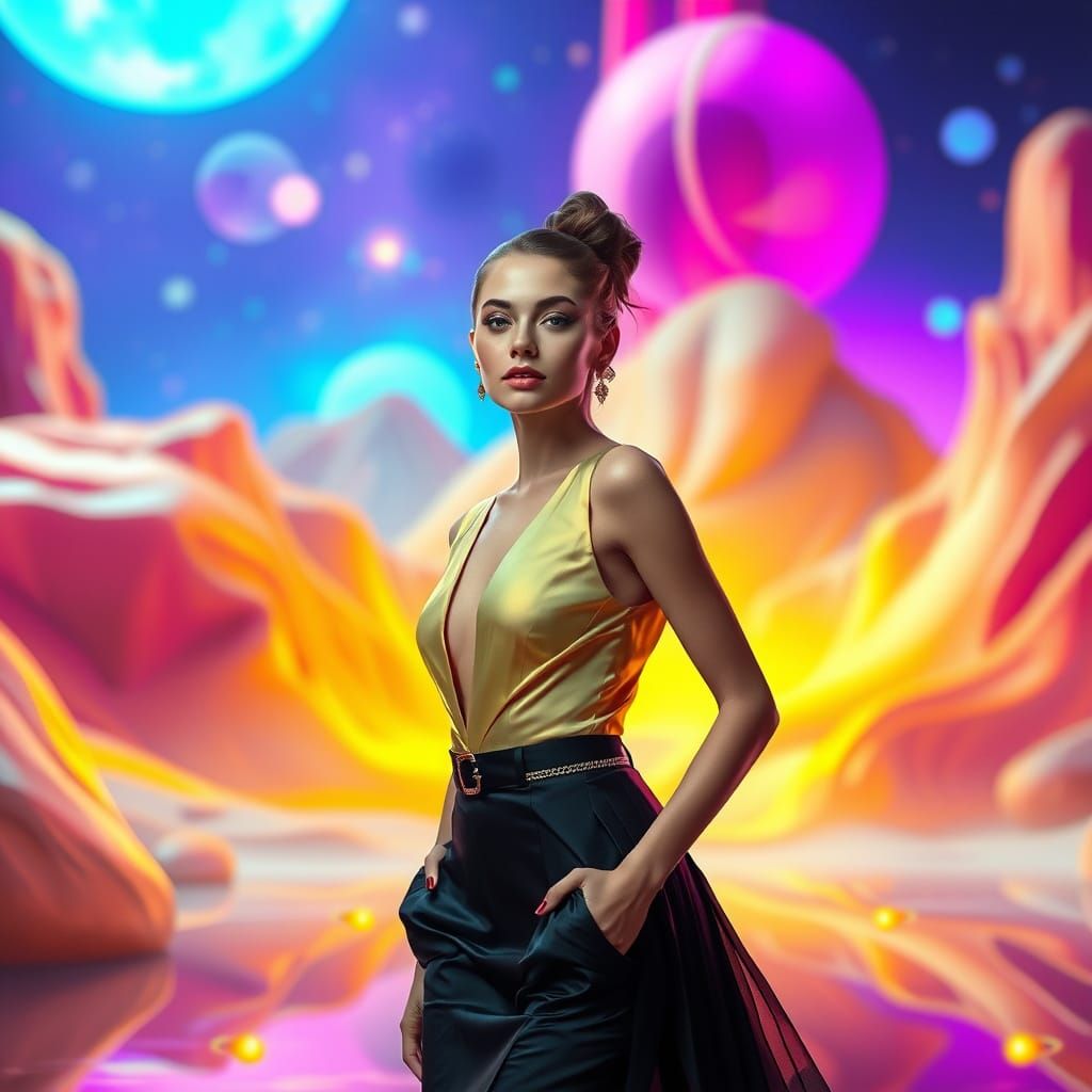Elegant Woman in Dreamlike Futuristic Scenery