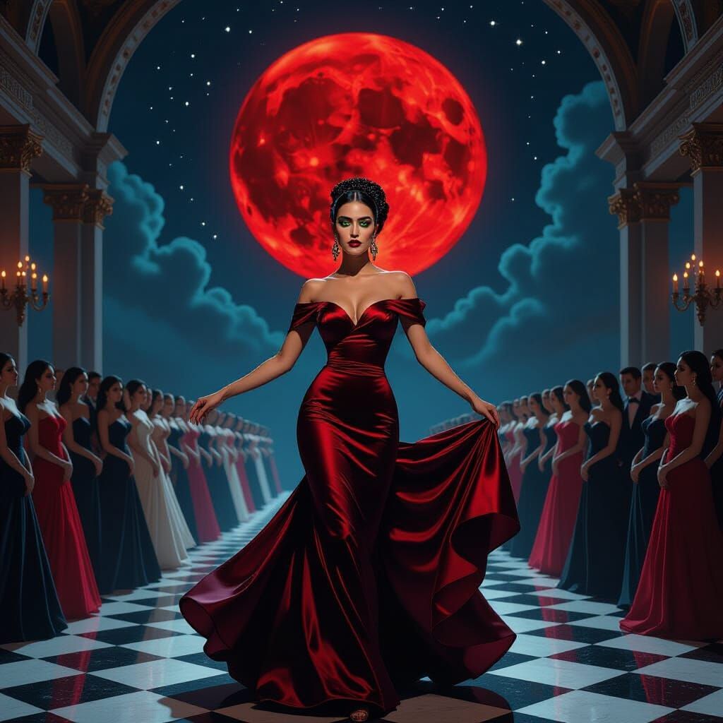 Elegant Woman Dances Under Blood Moon in Opulent Ballroom