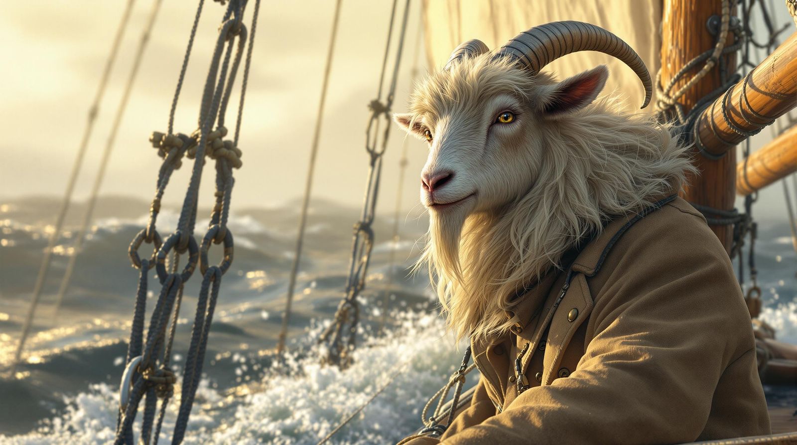 Surreal Goat Wears Elegant Coat on Majestic Boat in the Ocea...