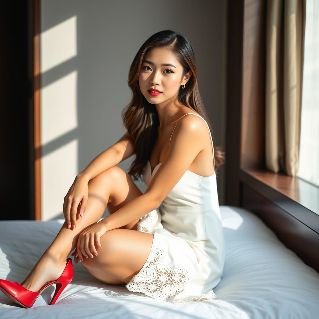 Chinese Beauty in Elegant White Dress with Lace Details